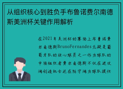 从组织核心到胜负手布鲁诺费尔南德斯美洲杯关键作用解析