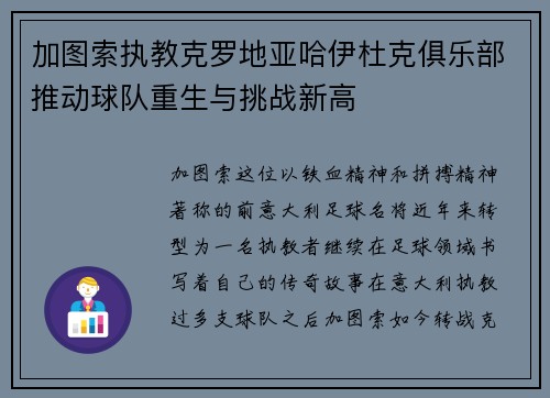 加图索执教克罗地亚哈伊杜克俱乐部推动球队重生与挑战新高 加图索执教克罗地亚哈伊杜克俱乐部推动球队重生与挑战新高